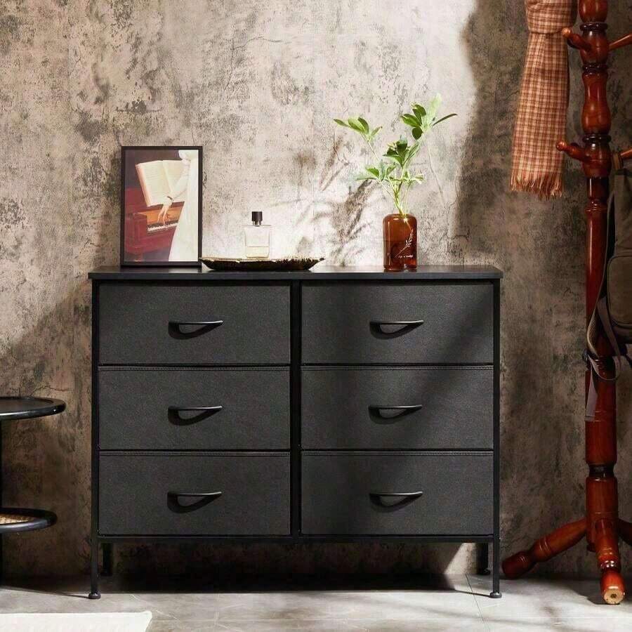 Sweetcrispy Dresser Bedroom 6 Drawers Wide Fabric Storage Units Chest Of Drawers Bedroom With Metal Frame And Wooden Top TV - 灰色 - 查看 1