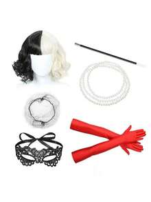 1/4/7pcs Carnival New Black & White Witch Wig, Mask, Gloves, Cigarette Holder, Necklace Set, Fun Cosplay 101 Dalmatians Estella Costume Accessories, Christmas European And American Personalized New In Stock - Multicolor - View 1
