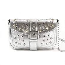 Crossbody Bag With Chain And Studs, Retro European And American Style, Small And Square, Modern. - Silver - View 1