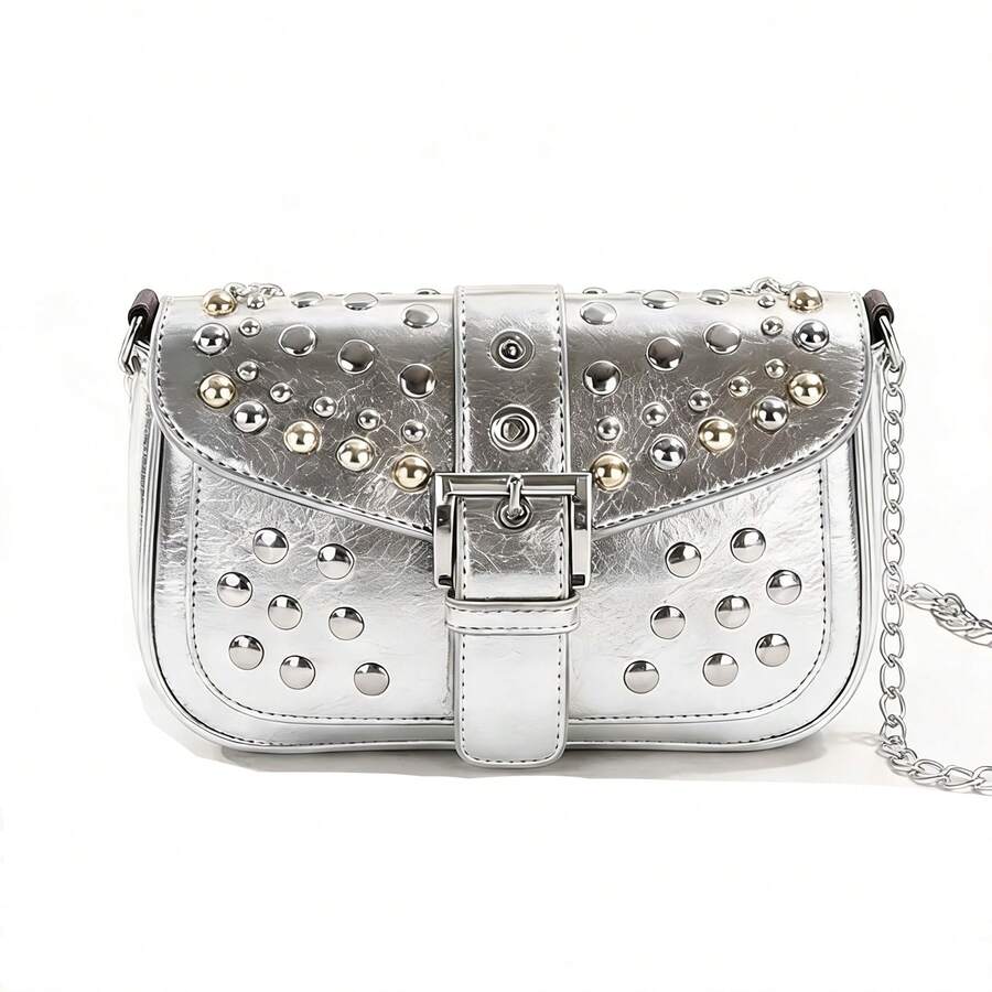 Crossbody Bag With Chain And Studs, Retro European And American Style, Small And Square, Modern. - Silver - View 1