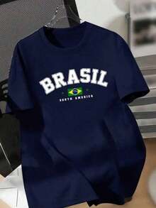 Brazil Plus Size Printed Unisex T-Shirt, 100% Cotton, Short Sleeve, Extra Large Size, Men's/Women's Copa Fan Shirt - 藏蓝色 - 查看 1