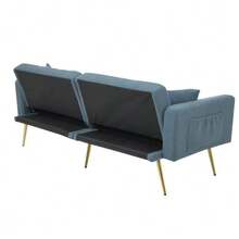Sofa Bed With Adjustable Incline, Gold Legs, Cushions And Side Storage Pockets - Navy Blue - View 8