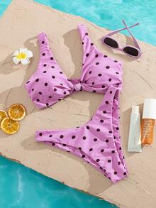 Bộ bikini 2 mảnh dành cho nữ, vải màu tím nhạt với họa tiết chấm bi nâu, áo cổ chữ V xoắn phía trước, quần tam giác cạp cao, đồ đi biển dễ thương cho kỳ nghỉ hè của phái nữ. - Nhiều màu - Xem 3