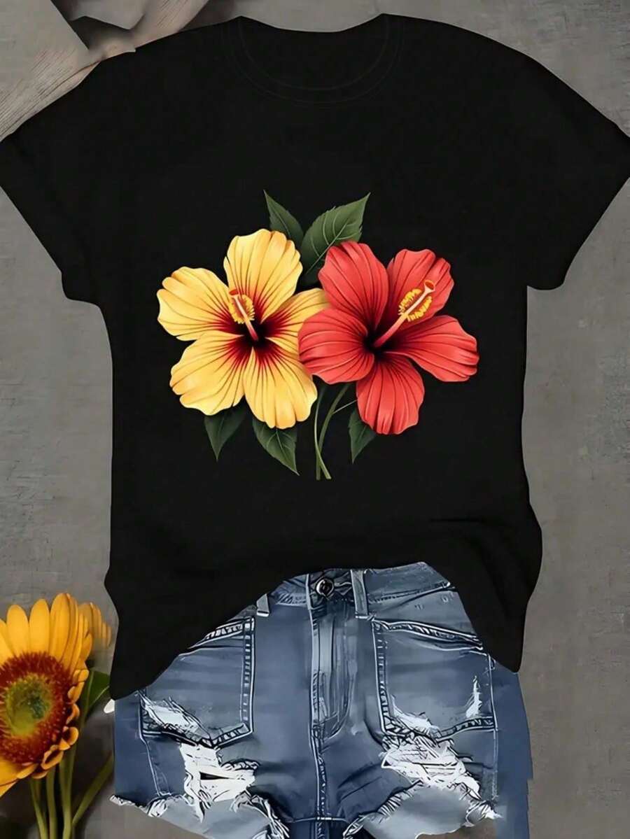 1pc Women Clothes Hibiscus Print Black TShirt, Unisex Casual Crew Neck Tshirt, Lightweight 220gsm Knit Fabric, Machine Washable, For Spring/Summer/Fall, Christmas, Valentine's Day, Halloween - 黑色 - 查看 1