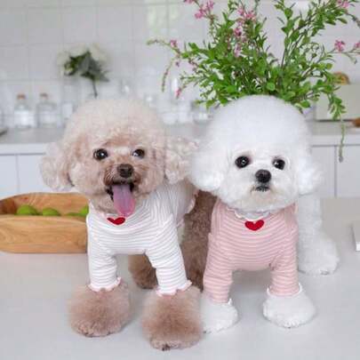 1pc Dog Striped Heart Print T-Shirt, Suitable For Spring/Summer, Toy Poodle, Teddy, Bichon Frise