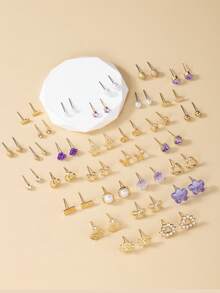 30 Pairs Set Of Elegant Rhinestone Flower & Faux Pearl Metal Asymmetrical Geometric Earrings, Suitable For Daily Wear, Party, And Gatherings - Multicolor - View 3