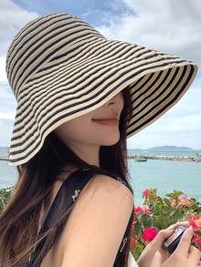 Mũ xô sọc gấp gọn mùa hè, mũ chống nắng vành rộng mới về dành cho nữ, mũ thời trang vành rộng bằng polyester in họa tiết, chống gió và tia UV, thích hợp cho mùa xuân/hè. - mũ - Xem 3