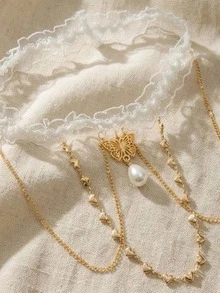 1pc Women's Lace Trim Gold Bow Elastic Bridal Hair Tie - White - View 5