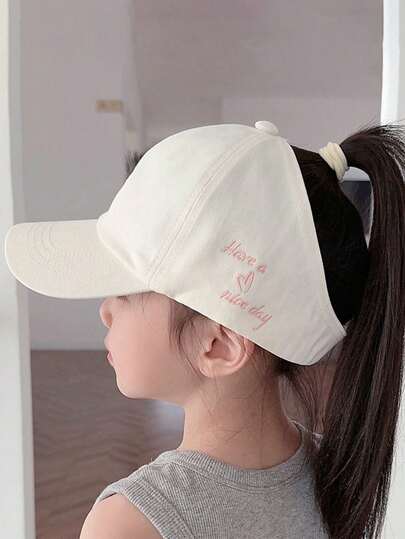 Girls' Ponytail Baseball Cap, Children's Summer Outdoor Sports Sun Protection Hat, Student Heart Embroidery Peaked Cap