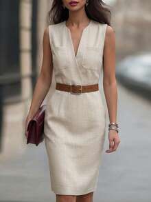 Women's New Elegant V-Neck Linen Dress With Pockets, Zipper, Suitable For Party, Office, Casual, Holiday, Fitted (Without Belt) Summer - Apricot - View 1