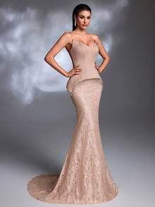 Đầm dạ hội/đám cưới thanh lịch kiểu retro, màu nude, cổ chữ V sâu, xếp ly peplum, đuôi cá, thắt dây, chất liệu ren tua rua, cổ đuôi cá. - Bụi hồng - Xem 5