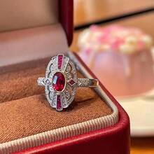 Women's Oversized Bicolor Inlaid Red Oval Zirconia Ring - Red - View 5