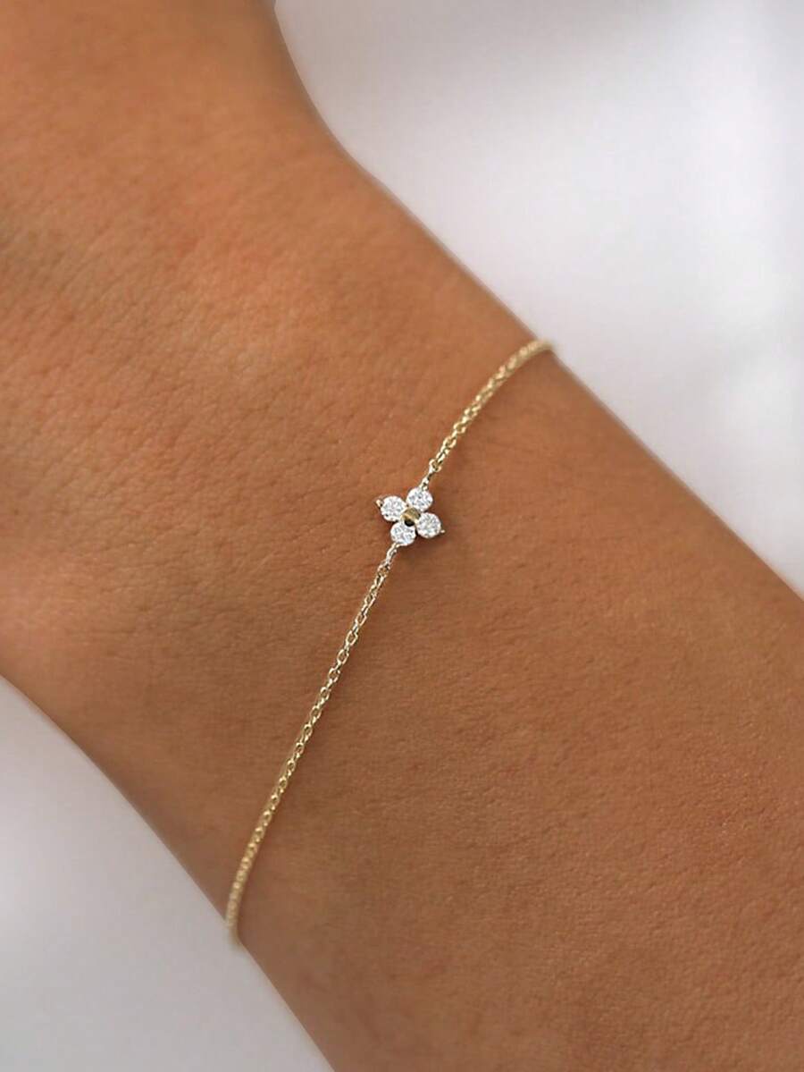 1件S925纯银四叶草手链，欧美小众奢华简约锆石吊坠链手链，女士款 - 金色 - 查看 1