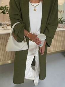 FOR BEAUTY V-Neck Oversized Cardigan, Women Fashion Versatile Long Knitted Sweater Coat, Spring/Autumn - Dark Green - View 2