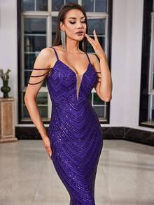 LOVE&LEMONADE Romantic Party Maxi Dress, Sleeveless Spaghetti Strap Sequins With Beaded Backless Design, Ideal For Prom And Formal Occasions - Dark Purple - View 2