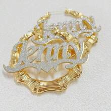 1 Pair Custom Name Bamboo Hoop Earrings For Women, Personalized Bling Nameplate Earrings, Christmas Gift, Party Accessories, Everyday & Party Jewelry - Gold - View 3