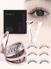 3 Pairs Magnetic False Eyelashes, Natural Style, Reusable, Comes With Eyelash Curler And 5 Eyelash Brushes, No Glue Needed, Assorted Styles, Easy To Wear And Remove, Natural Makeup Effect, Suitable For Daily, Party, Stage, Banquet Makeup, Also Suitable As Women's Day/Valentine's Day/Music Festival/Christmas/Christmas Eve/Thanksgiving Gift - 黑色 - 查看 2