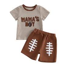 Toddler Baby Boy Summer Outfits Letter Baseball/Football /Rugby Embroidery Short Sleeve T Shirt And Plaid Shorts 2 Pcs Set, Toddler Baby Boy Football Clothing Set, - 卡其色 - 查看 1