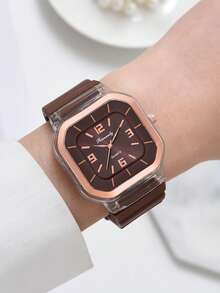 两件套简约休闲女士石英表，复古优雅风格硅胶石英表套装，包括深棕色硅胶表带、透明表壳、方形表盘女士手表和心形手链 - 棕色 - 查看 2