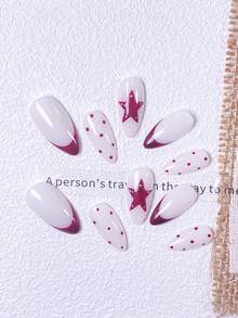 10pcs Handmade Cream White & Burgundy Star Nail Stickers Set (Small/Medium/Large): Cream White Base With Burgundy French Tips, Polka Dots And 3D Star Studs, Sweet And Neutral Style, Fine Glossy Texture, Suitable For Daily Outings, Light Fashion Social Occasions, Reusable, Pearl White Base With Navy Blue French Tips And Polka Dots - Red - View 6