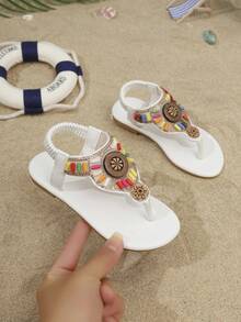 1 Pair Summer Kids Flat Sandals, Elastic Slip-On-On Toe-Divided Design Outdoor Children Shoes - White - View 2