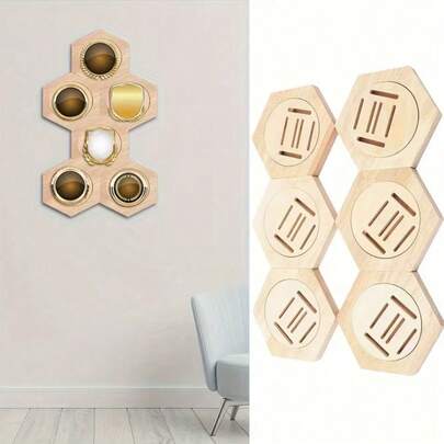 6Pcs Wood Medal Display Hanging Rack Wooden Hexagon Medals Storage Shelf For Sports Running All Types Of Medals Wall Or Desk
