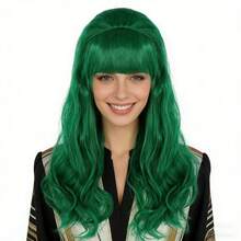 翠绿色长款波浪卷假发，带刘海 – 耐热合成纤维假发，适合节日、角色扮演、派对及日常佩戴，女士时尚假发，亮丽卷曲刘海假发 - 彩色 - 查看 12