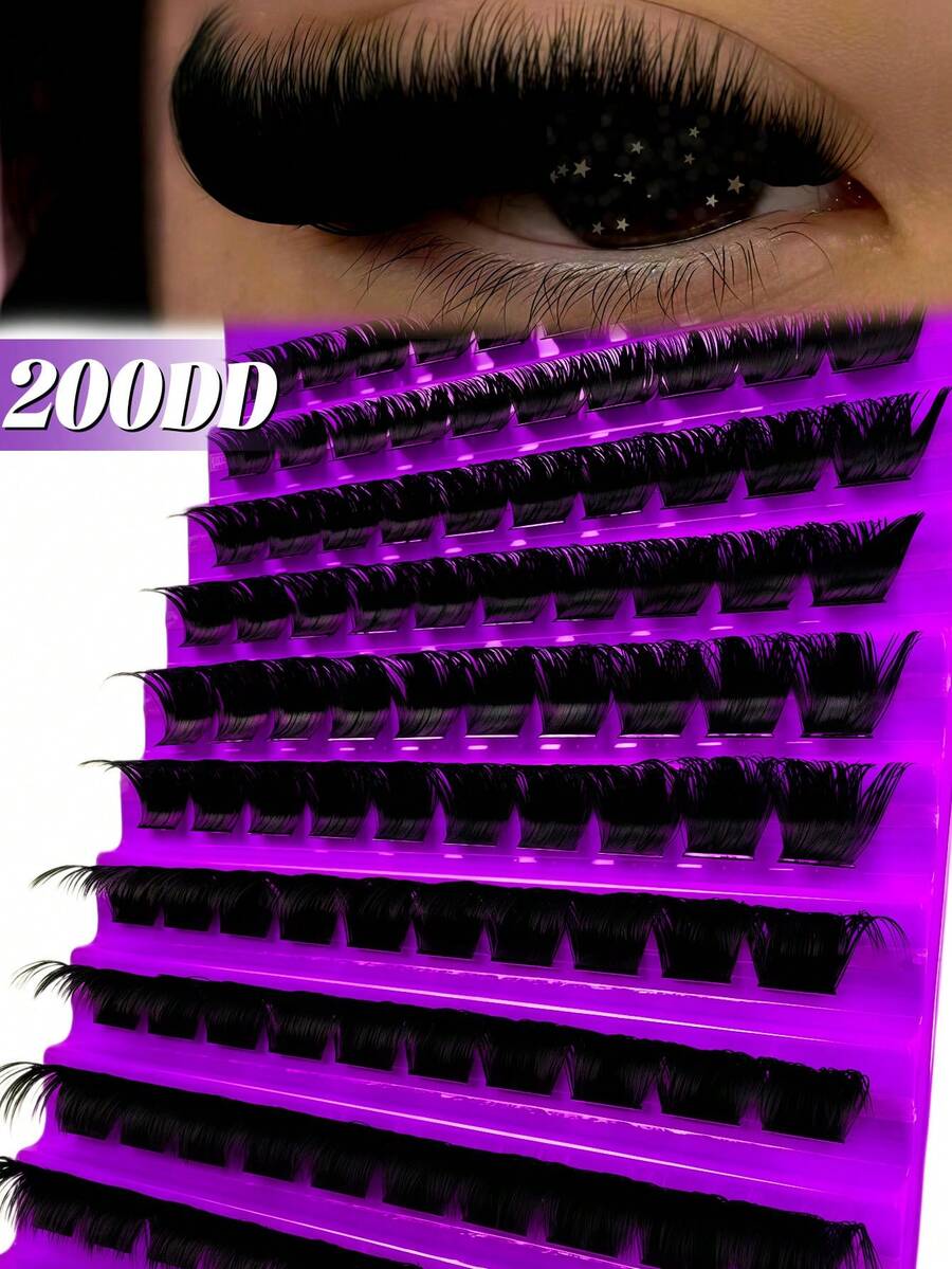 100片DIY预制扇形软胶假睫毛，俄式浓密经典DD睫毛，长度10-18mm，蓬松质地，易于佩戴，睫毛组合妆容，黑紫色包装盒，簇状假睫毛，单根假睫毛，假睫毛