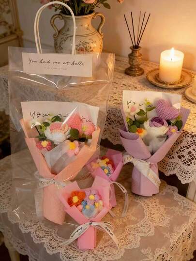 Handmade Crochet & Knitted Artificial Flower Bouquet - Felt Floral Arrangement, Realistic Texture Never Withers, Suitable For Home Decor, Wedding, Party, Office And Tabletop, Great Gift For Mother's Day, Valentine's Day, Birthday, Thanksgiving, Graduation, Teacher's Day