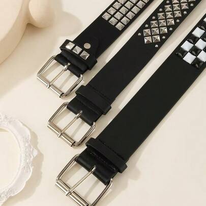 1pc Fashion Black & White Checkerboard Rivet Belt, PU Leather Casual Versatile Decorative Pants Belt Unisex
