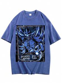 Retro Distressed Yu-Gi Printed T-Shirt - Japanese Anime Style With Yugi Mutou And Monster Designs Including The Three Egyptian God Cards, Loose-Fitting Streetwear Anime T-Shirt, Unisex, Relaxed Fit, Skin-Friendly And Comfortable, Suitable For Outdoor Activities And Daily Wear, Dropped Shoulder Crew Neck Pullover, Heavy-Weight Washed And Distressed Short-Sleeved T-Shirt, Street Style, Fashionable And Versatile, Comfortable And Breathable, Youthful And Energetic, Vintage Washed Effect. - 藍色 - 查看 1