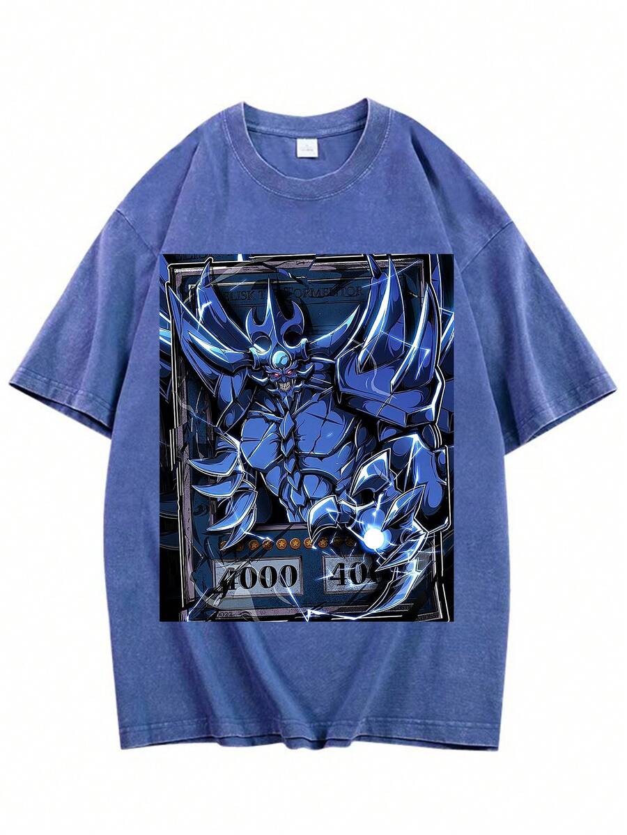 Retro Distressed Yu-Gi Printed T-Shirt - Japanese Anime Style With Yugi Mutou And Monster Designs Including The Three Egyptian God Cards, Loose-Fitting Streetwear Anime T-Shirt, Unisex, Relaxed Fit, Skin-Friendly And Comfortable, Suitable For Outdoor Activities And Daily Wear, Dropped Shoulder Crew Neck Pullover, Heavy-Weight Washed And Distressed Short-Sleeved T-Shirt, Street Style, Fashionable And Versatile, Comfortable And Breathable, Youthful And Energetic, Vintage Washed Effect. - 藍色 - 查看 1