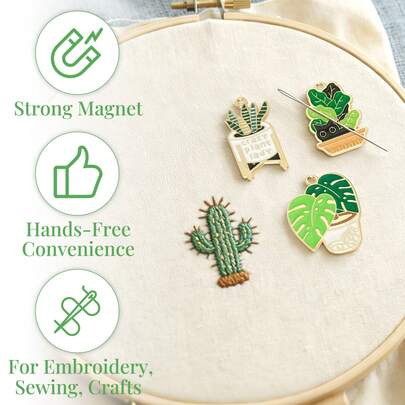 GIURKUU 1 Set (3 Packs) Cross Stitch Needle Minders, Green Plant & Cat Magnetic Needle Minders, For Organizing Embroidery Sewing Needles, Embroidery Sewing Needle Minder Accessories, Fun Fridge Magnets, Pin Holders Or Craft Room Organization