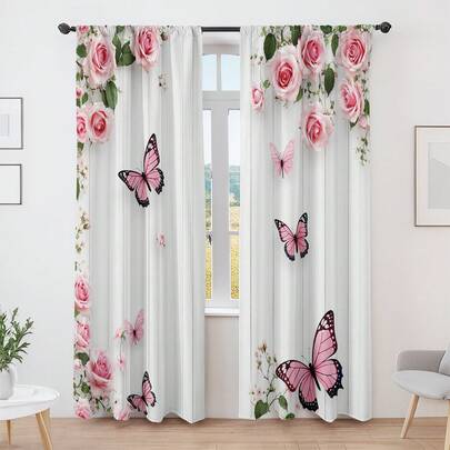 2PCS Pink Rose Butterfly Print 2D Digital Printing Pattern Curtains, Elegant And Romantic, Half-Transparent, Suitable For Bedroom And Living Room