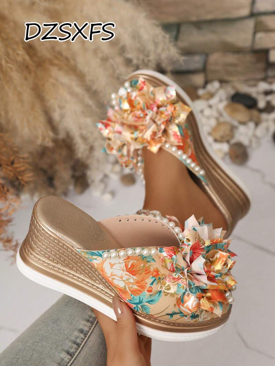 Dép xăng đan đế xuồng dày dặn dành cho nữ, thiết kế thời trang đính ngọc trai và hoa, thích hợp cho mùa hè, kỳ nghỉ, lễ hội âm nhạc. - Vàng - Xem 1