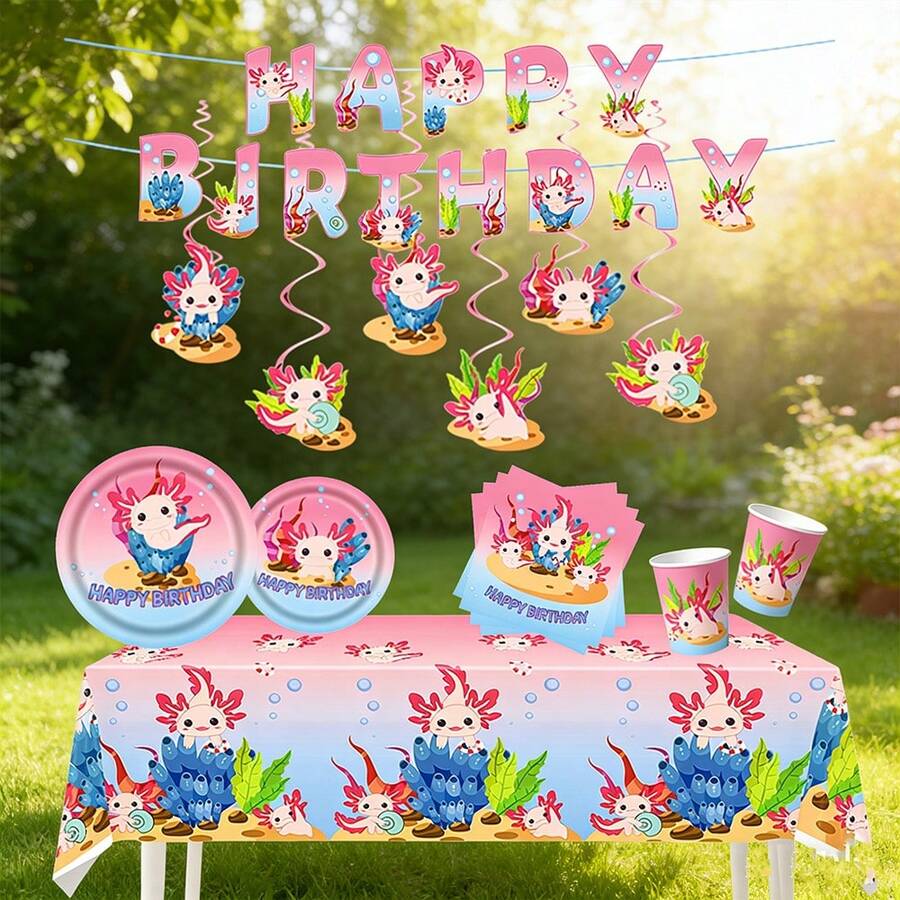 58Pcs Axolotl Birthday Party Supplies Include Happy Birthday Banner-Balloons-Cake Topper-Cupcake Toppers-Tableware For Axolotl Party Decorations - View 1