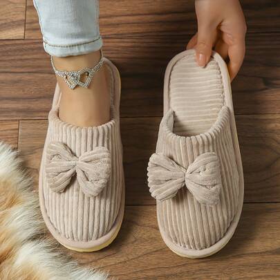 Fashionable Striped Bow Slip-On Indoor Slippers, Comfortable Foam Couple Slippers With Noiseless