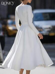 DONICY 优雅女士连衣裙,春夏纯色圆领系腰A字中长连衣裙,时尚简约优雅通勤白色连衣裙,休闲、商务、通勤、外出、情人节、嘉年华皆宜 - 白色 - 查看 3