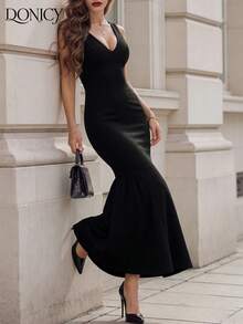 DONICY Elegant Black V-Neck Dress, Women's Fashion Fitted Mermaid Dress, Sleeveless Party Evening Gown - Black - View 8