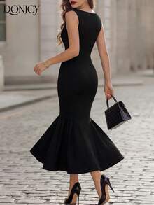 DONICY Elegant Black V-Neck Dress, Women's Fashion Fitted Mermaid Dress, Sleeveless Party Evening Gown - Black - View 2