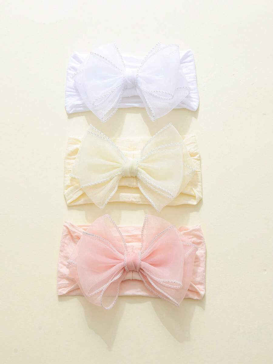 3pcs/Set Baby & Toddler Girls' Silver Trim Extra Large Sheer Bow Headbands, Skin-Friendly High Elasticity Nylon Soft Seamless Non-Irritating Princess Style Wide Headwear, Suitable For Spring And Baby Shower - Multicolor - View 1
