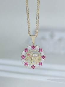 1 pièce Collier pendentif animal cercle fleur zircone creux 3D, convient pour les cadeaux, les couples, les amis, le port quotidien, les prières et les vacances - Multicolore - Voir 5