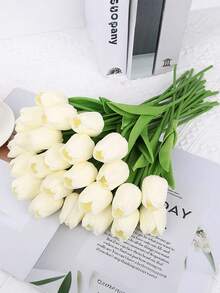 10支仿真白色郁金香，春夏郁金香，仿真春季花卉，深绿色叶子，逼真郁金香花，婚礼花束家居花园DIY插花，母亲节毕业装饰，派对中心摆件，户外花园装饰（乳白色） - 乳白色 - 查看 3