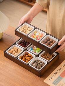 Khay đựng đồ ăn nhẹ nhiều ngăn có nắp đậy bằng gỗ óc chó, thích hợp để đựng đồ ăn nhẹ trong giờ giải lao, kẹo, các loại hạt, món tráng miệng, bánh quy, trái cây, đồ ăn vặt, dùng trong nhà bếp, phòng ăn, tiệc tùng và ngày lễ. - Nhiều màu - Xem 7