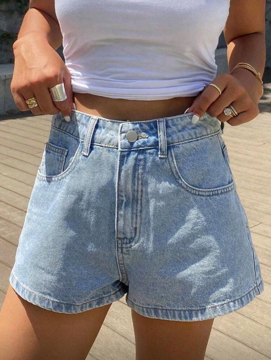 Women's High-Waisted Mom Denim Shorts With Distressed Details, 100% Cotton, Light Wash, Casual - 中等水洗藍 - 查看 1