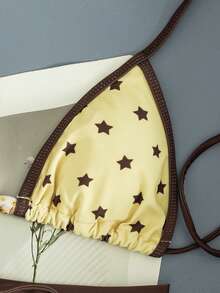 Bộ bikini 2 món dành cho nữ - Họa tiết ngôi sao với viền trơn, Áo hai dây cúp tam giác (điểm nhấn đính hạt), Quần short cạp cao, Đồ bơi mùa hè thanh lịch cho kỳ nghỉ biển - Màu vàng - Xem 3