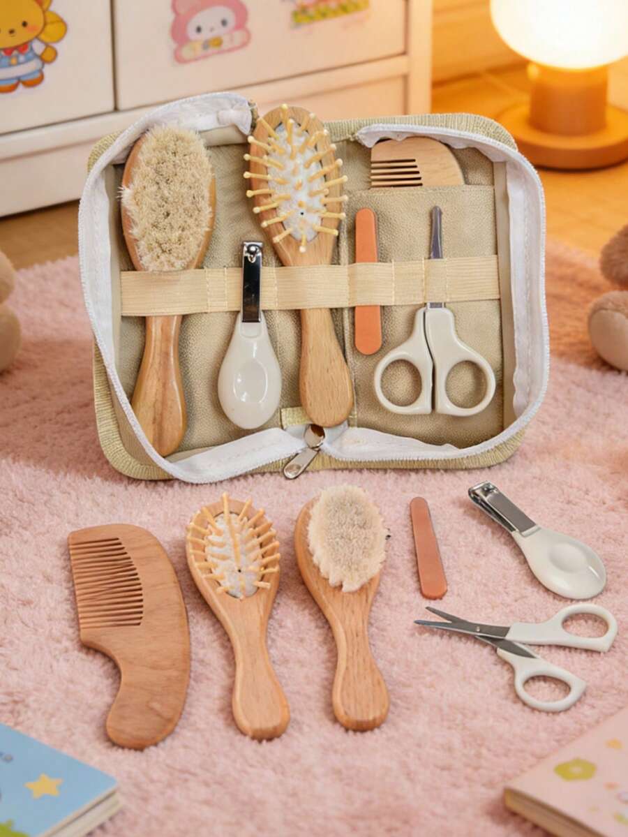Personalized Baby Care Set, Wooden Hair Brush Set, Baby Commemorative Gift, Baby Care Set Includes Nail Clipper, Hair Scissors, Nail File - Multicolor - View 1