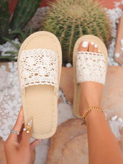 2026 Summer New Plus Size Women Lace Hollow-Out Linen Indoor/Outdoor Comfortable Slippers