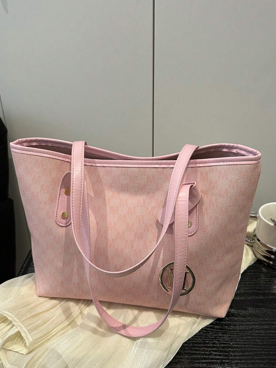 New Lightweight Tote Bag For Women With Rivet Decor, Large Capacity Suitable For Commuting, Shopping, Office, University - Pink - View 1