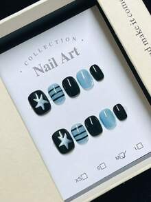 1package/10pcs-Starry Sea 3D Starfish Press On Nails | Black & Blue Cat Eye Striped Short Square Nails - Blue - View 3